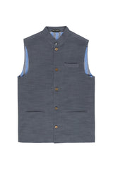 WASHED NAVY LINEN NEHRU WAISTCOAT