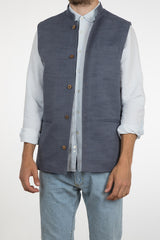 WASHED NAVY LINEN NEHRU WAISTCOAT