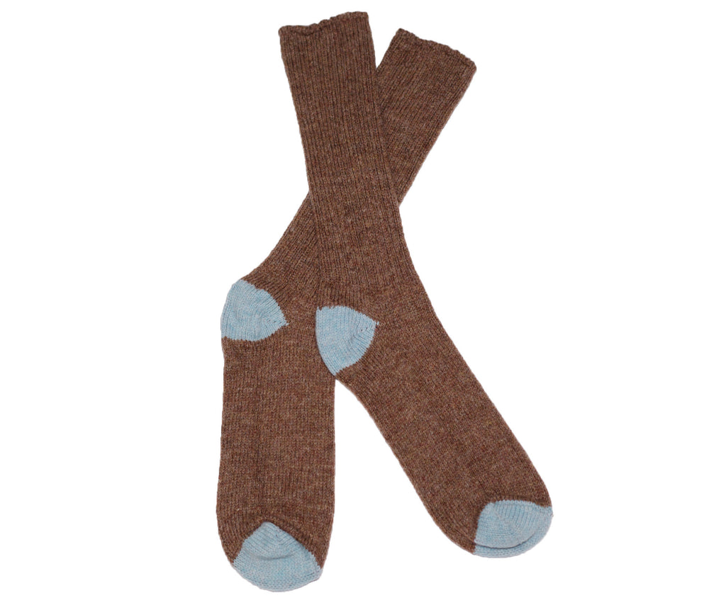 BROWN AND PALE BLUE SHETLAND WOOL SOCKS